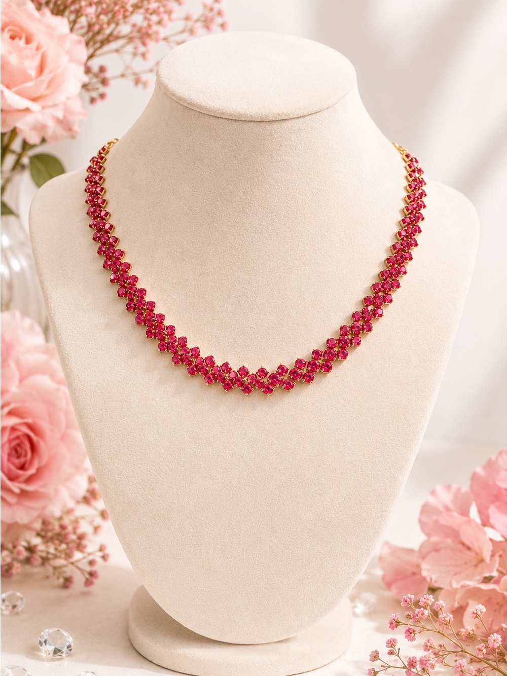 Fuchsia Pink Crystal Tennis Necklace Gold Tone Adjustable Statement Necklace